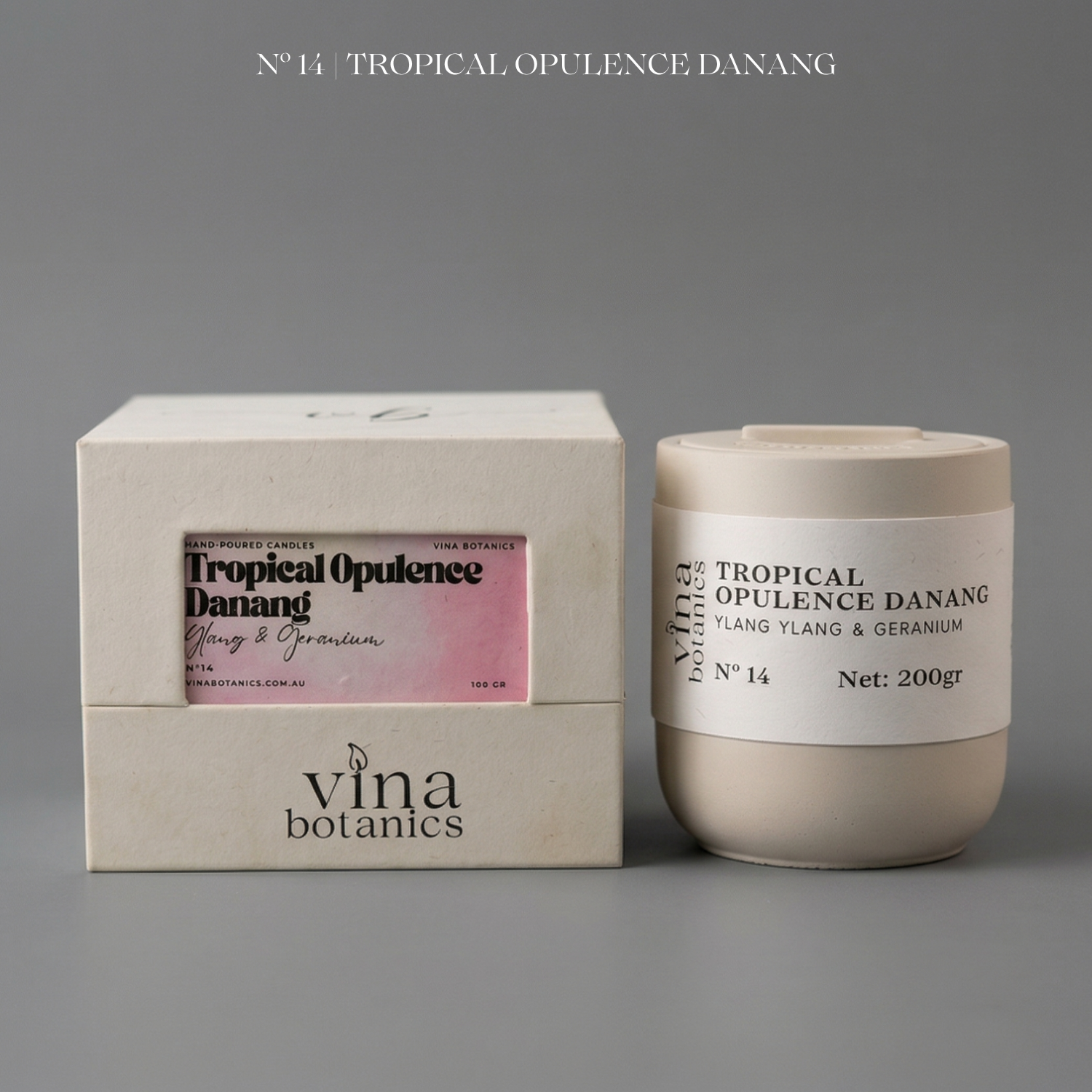 Vina Botanics candle and packaging on a gray background