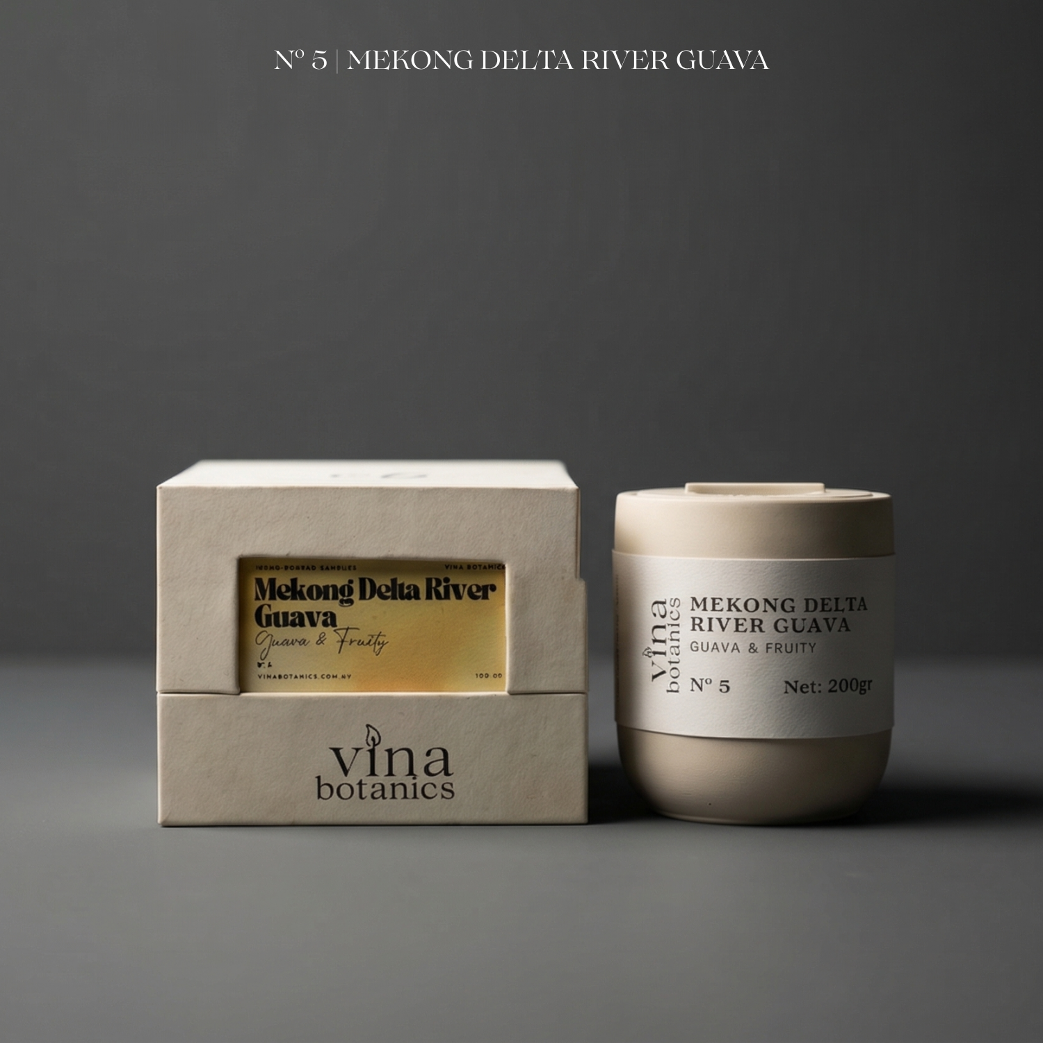 Vina Botanics Mekong Delta River Guava product packaging on a gray background