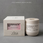 Vina Botanics Imperial Peony de Hue candle with packaging on a gray background