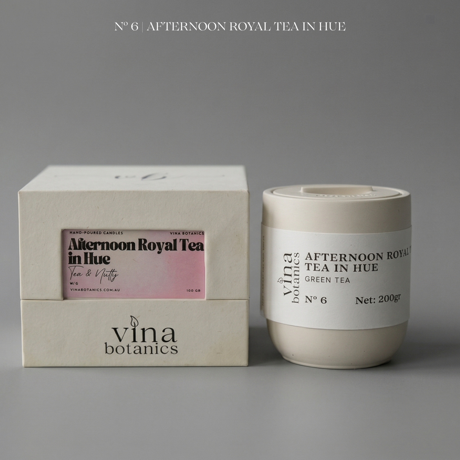 Vina Botanics Afternoon Royal Tea in Hue candle with packaging on a gray background