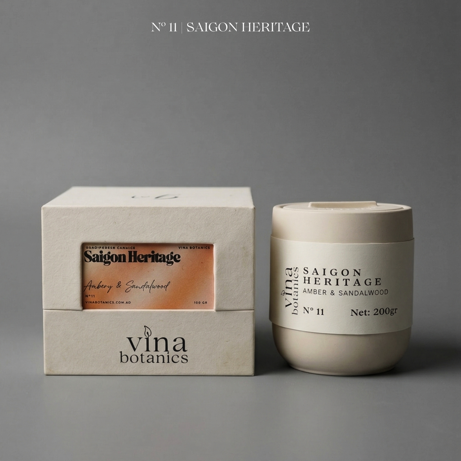 Vina Botanics Saigon Heritage candle and packaging on a gray background