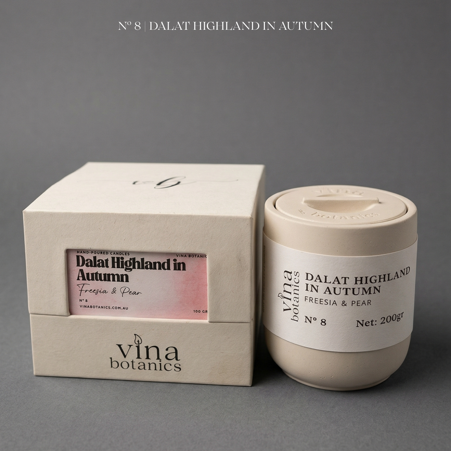 Vina Botanics Dalat Highland in Autumn candle packaging on a gray background