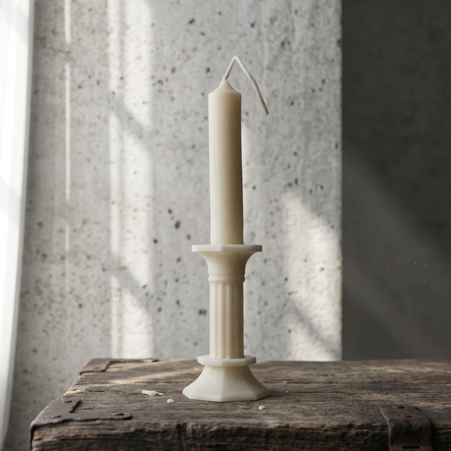 White candle in a decorative holder on a wooden surface with a textured wall background