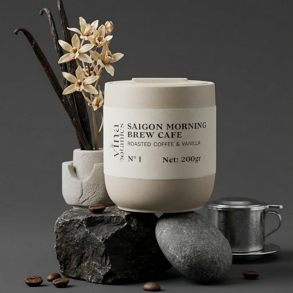 Ceramic container labeled 'Saigon Morning Brew Cafe' with coffee beans and flowers on a dark background