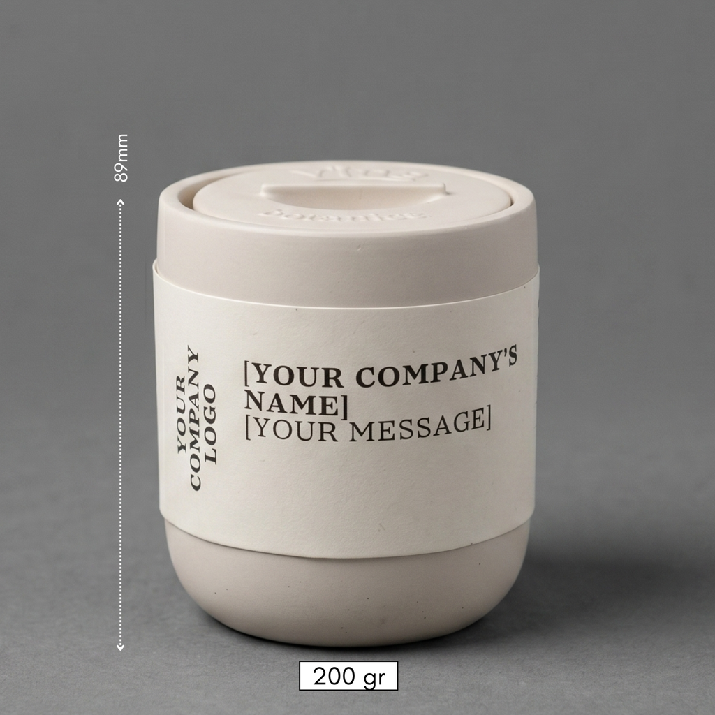 Beige ceramic container with customizable text on a gray background