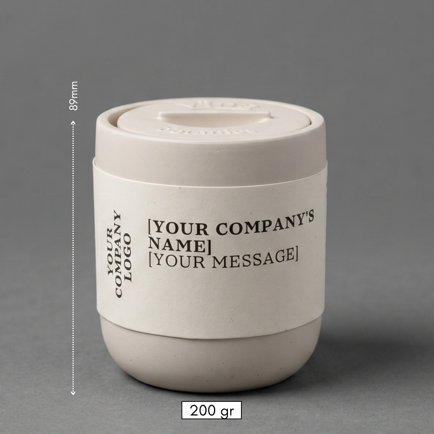 Beige ceramic container with customizable text on a gray background