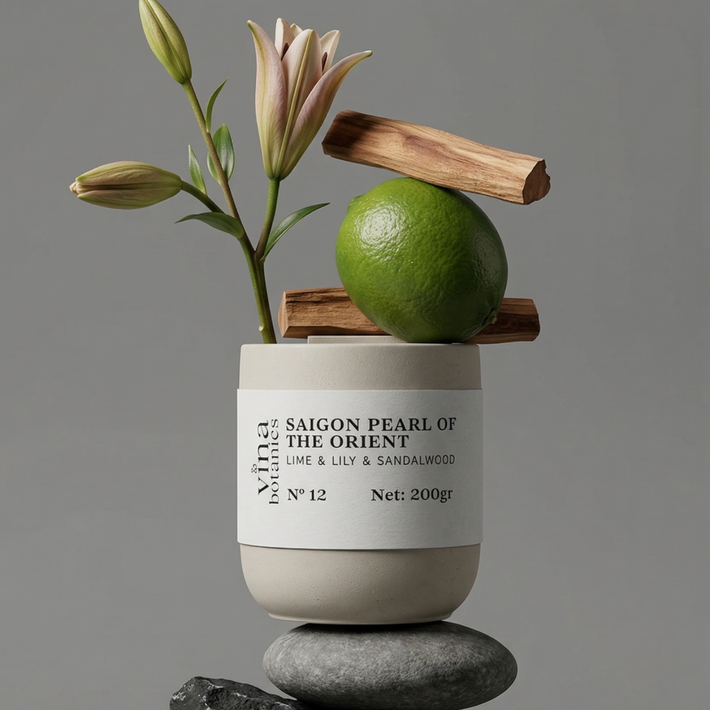 Candle labeled 'Saigon Pearl of the Orient' with a lime and wooden stick on a gray background