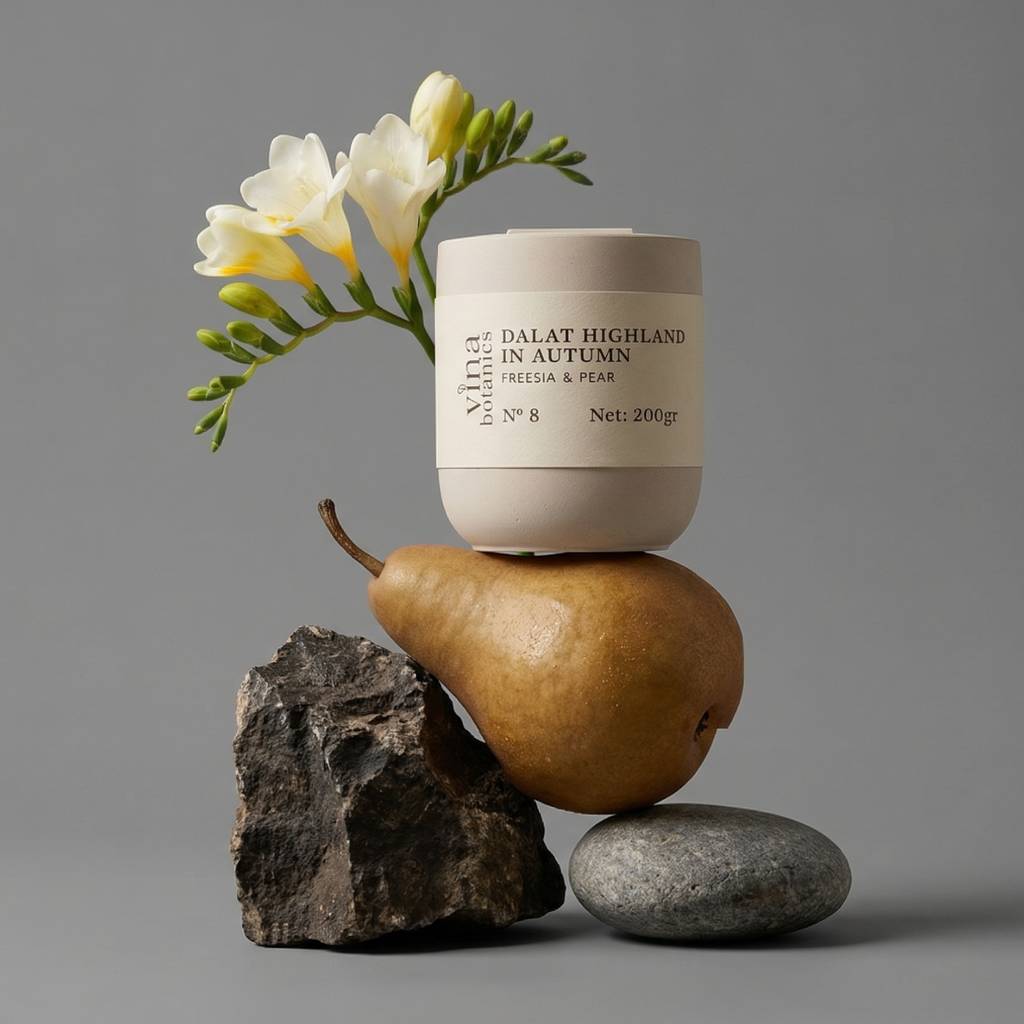 Candle labeled 'Dalat Highland in Autumn' balanced on a pear with flowers and stones on a gray background