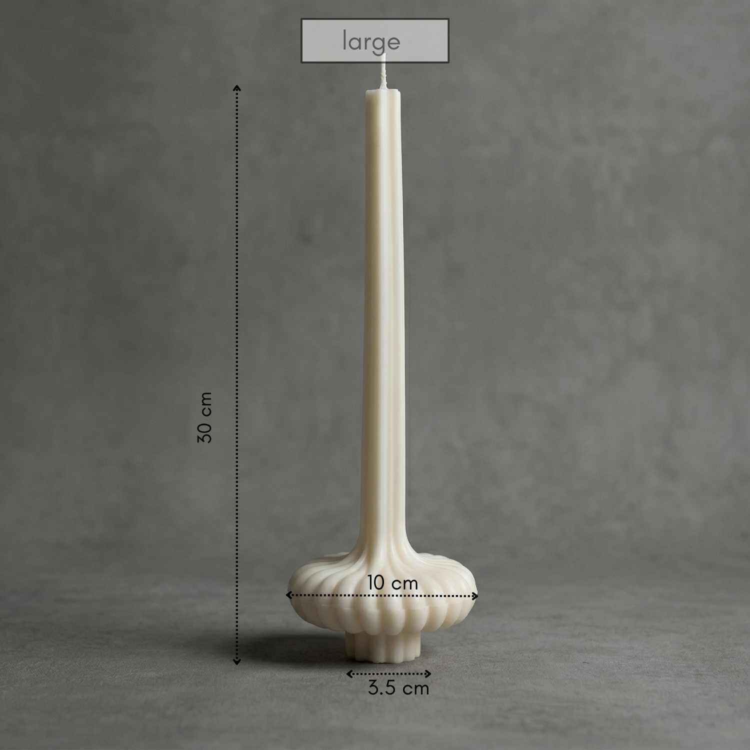White candlestick with measurements on a gray background
