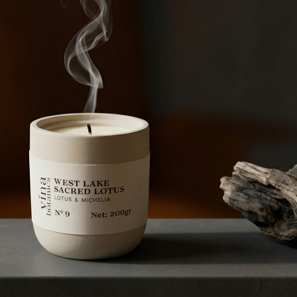 Scented candle labeled 'West Lake Sacred Lotus' with smoke rising, on a dark surface.