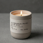 Candle in a beige container with a label on a gray background