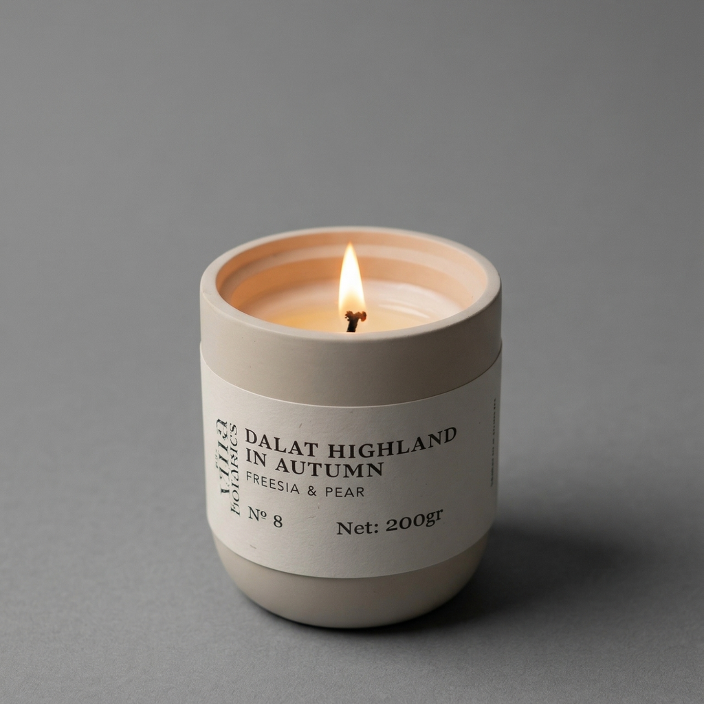 Candle in a white container with a label on a gray background