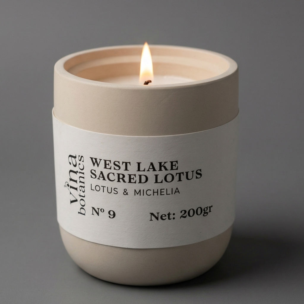 Candle in a beige container with a label on a gray background
