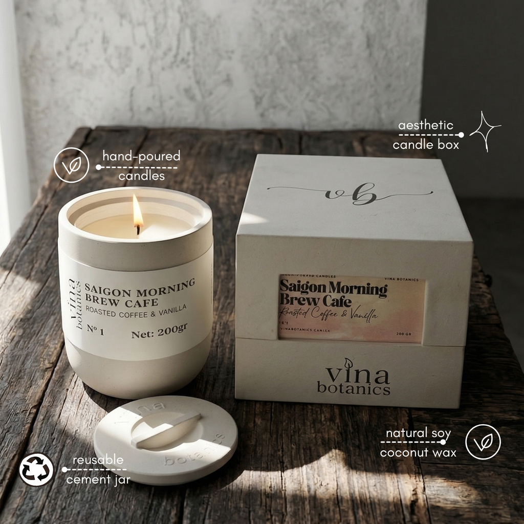 Vina Botanics candle with packaging on a wooden surface