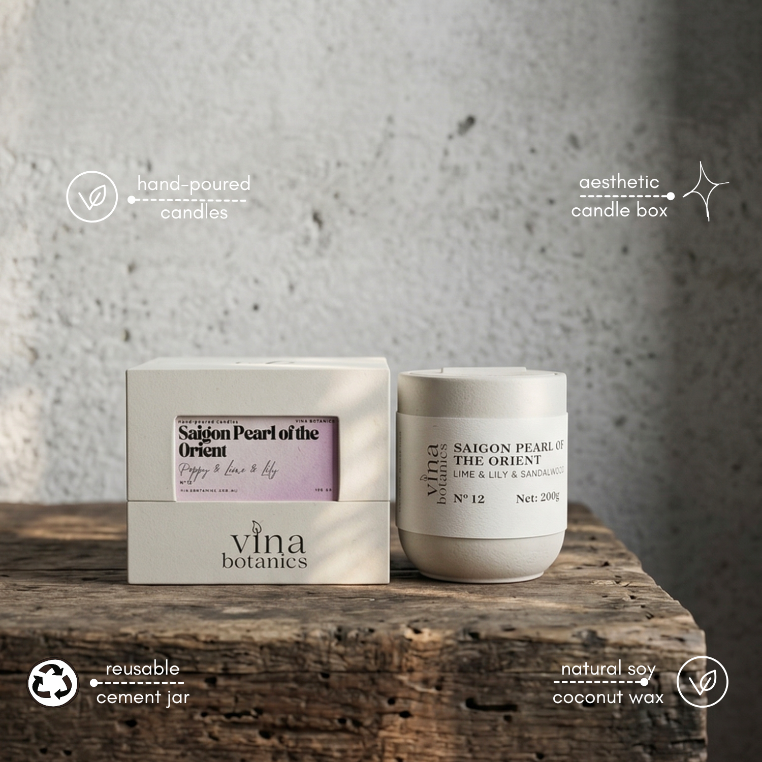 Vina Botanics candles on a wooden surface with a neutral background