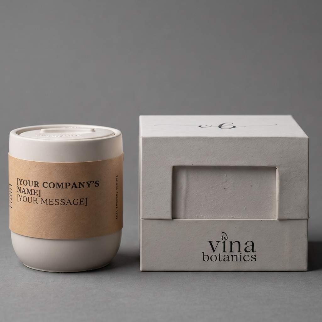Ceramic container with a brown label and matching box on a gray background, featuring 'vina botanics' branding.