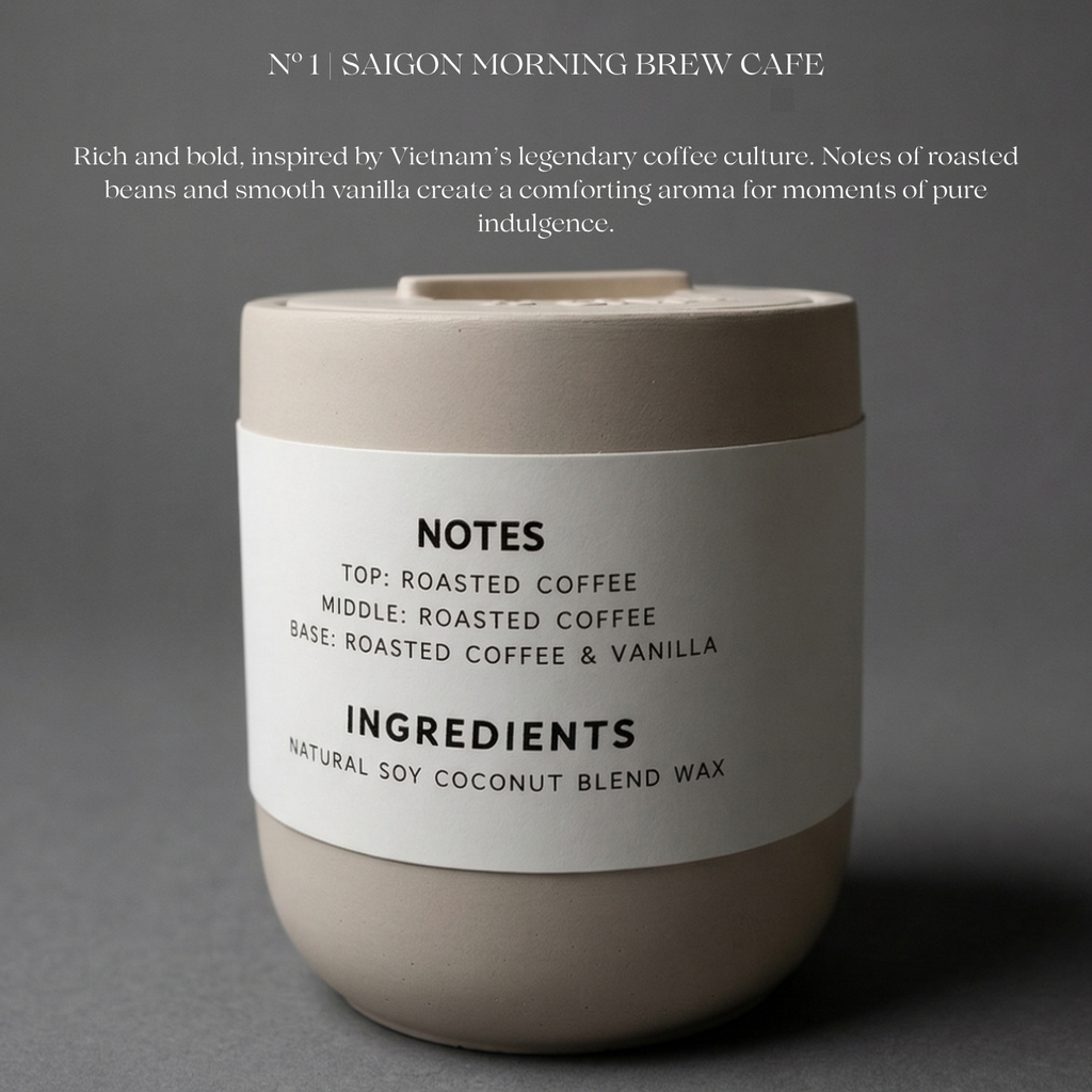 Candle with a label on a gray background, featuring details about the candle's notes and ingredients.
