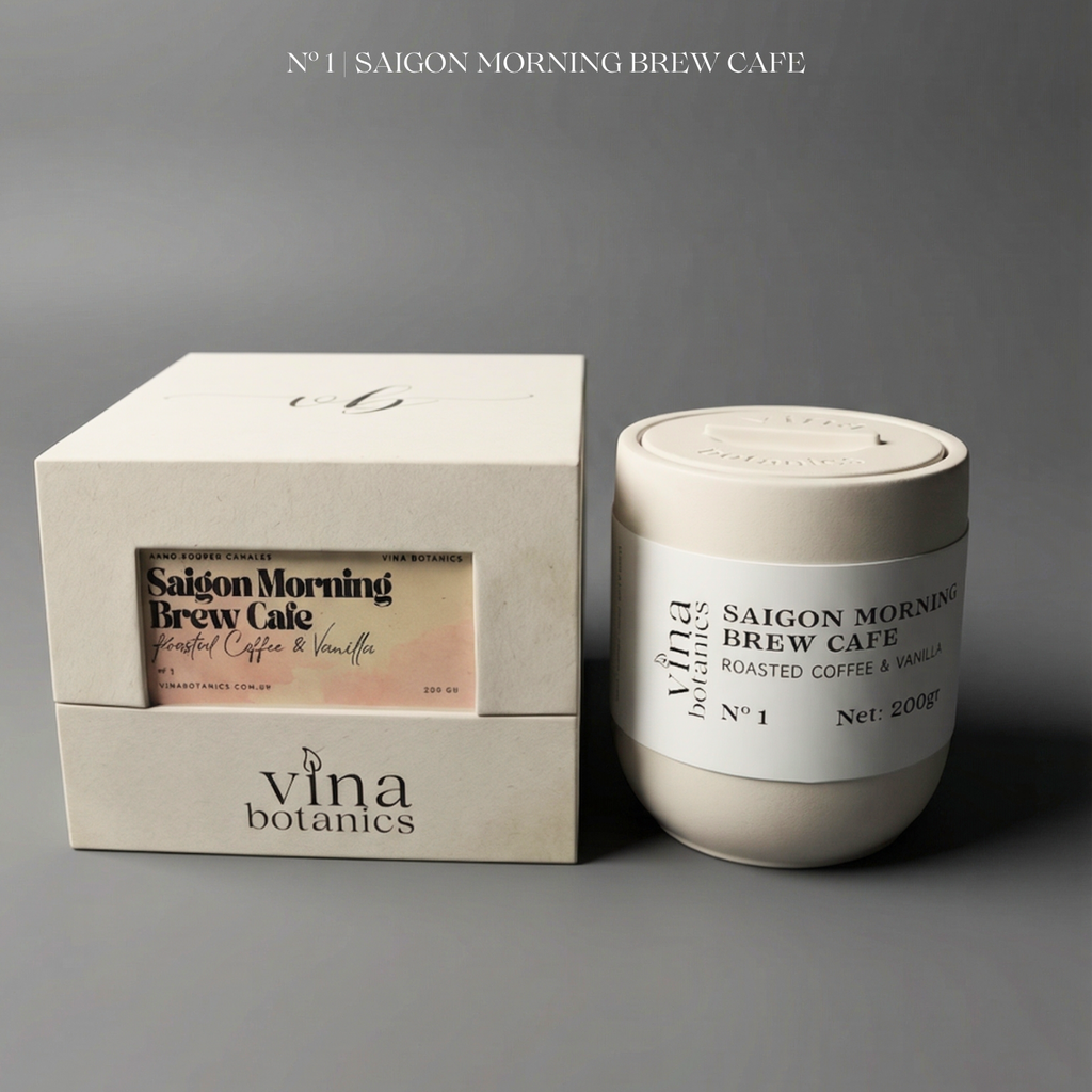 Vina Botanics Saigon Morning Brew Cafe coffee packaging on a gray background